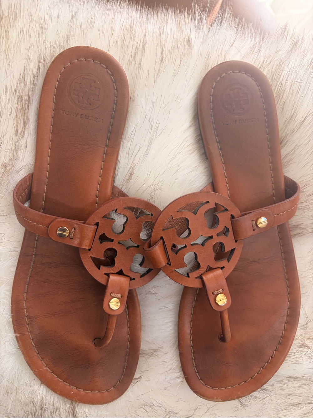 Tory Burch Tan Leather Logo Thong Sandals